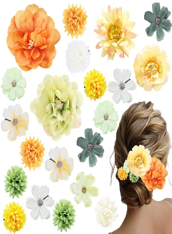 لابوهي 21 قطعة من مشابك الشعر الحريرية المزينة بالزهور، مشابك شعر نسائية أنيقة بنمط بوهيمي مزهر، مصنوعة يدوياً، إكسسوارات شعر للعروس، مشابك شعر على شكل وردة، إكسسوارات شعر لحفلات الزفاف (أخضر وأصفر). - Image 1